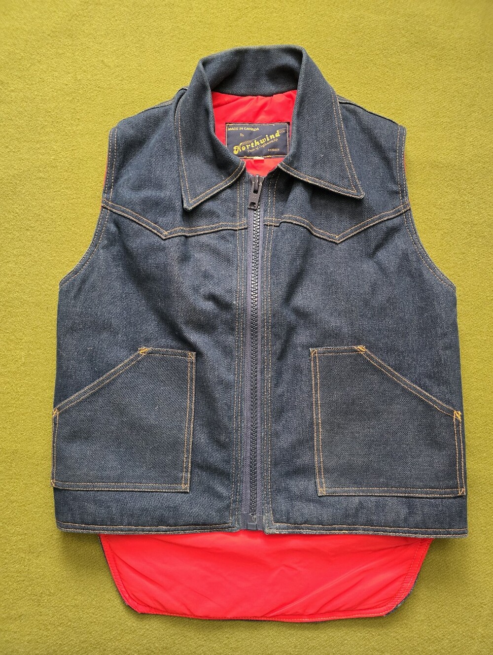 Vintage Northwind Denim Zip Vest in Dark Blue with Red Lining
